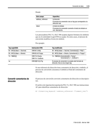 Conversión de datos     3-19



                                     Donde:

                                      Este campo:            Especifica:
                                      address_reference      la dirección
                                                             El proceso de conversión crea un tag que corresponde a la
                                                             dirección real.
                                      literal                el texto de símbolo
                                                             El proceso de conversión convierte el texto de símbolo en
                                                             una descripción.

                                     Los procesadores PLC-5 y SLC 500 aceptan algunos formatos de símbolos
                                     que en el controlador Logix5550 no acepta. En estos casos, el proceso de
                                     conversión modifica el texto de símbolo.

                                     Por ejemplo:

Tag Logix5550:                  Instrucción SYM:            Tag modificado:
N7 : INT[9] (Base := Decimal)   SYM N7:2 Kitty              N7 : INT[9] (Base := Decimal, Comentario[2]:="Kitty")
B3 : INT[5] (Base := Binario)   SYM B3:4/5 Puppy            B3 : INT[5] (Base := Binario, Comentario4].5:="Puppy")
T4 : TIMER[2]                   SYM T4:0 Ducky              T4 : TIMER[2] (Comentario[0]:="Ducky",
                                SYM T4:1 2ndDuck                          Comentario[1]:="_2ndDuck")

na                              SYM N[N7:0]:0 Pig           El proceso de conversión no acepta este formato de
                                                            dirección. No se crea ningún tag.

                                     Si una referencia de dirección tiene comentario de dirección y símbolo, el
                                     proceso de conversión concatena el símbolo al final del comentario de
                                     dirección.



Convertir comentarios de             El proceso de conversión convierte comentarios de dirección en descripcio-
dirección                            nes.

                                     El archivo de importación/exportación PLC-5 y SLC 500 usa instrucciones
                                     AC para identificar comentarios de dirección:

                                     AC [formatting_keyword] <address_reference> <“comment_text”>




                                                                                               1756-6.8.5ES - Abril de 1999
 