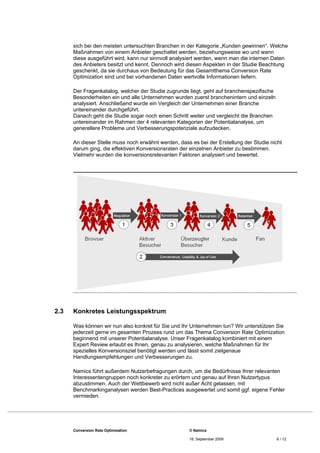 sich bei den meisten untersuchten Branchen in der Kategorie „Kunden gewinnen“. Welche
      Maßnahmen von einem Anbieter geschaltet werden, beziehungsweise wo und wann
      diese ausgeführt wird, kann nur sinnvoll analysiert werden, wenn man die internen Daten
      des Anbieters besitzt und kennt. Dennoch wird diesen Aspekten in der Studie Beachtung
      geschenkt, da sie durchaus von Bedeutung für das Gesamtthema Conversion Rate
      Optimization sind und bei vorhandenen Daten wertvolle Informationen liefern.

      Der Fragenkatalog, welcher der Studie zugrunde liegt, geht auf branchenspezifische
      Besonderheiten ein und alle Unternehmen wurden zuerst branchenintern und einzeln
      analysiert. Anschließend wurde ein Vergleich der Unternehmen einer Branche
      untereinander durchgeführt.
      Danach geht die Studie sogar noch einen Schritt weiter und vergleicht die Branchen
      untereinander im Rahmen der 4 relevanten Kategorien der Potentialanalyse, um
      generellere Probleme und Verbesserungspotenziale aufzudecken.

      An dieser Stelle muss noch erwähnt werden, dass es bei der Erstellung der Studie nicht
      darum ging, die effektiven Konversionsraten der einzelnen Anbieter zu bestimmen.
      Vielmehr wurden die konversionsrelevanten Faktoren analysiert und bewertet.




2.3   Konkretes Leistungsspektrum

      Was können wir nun also konkret für Sie und Ihr Unternehmen tun? Wir unterstützen Sie
      jederzeit gerne im gesamten Prozess rund um das Thema Conversion Rate Optimization
      beginnend mit unserer Potentialanalyse. Unser Fragenkatalog kombiniert mit einem
      Expert Review erlaubt es Ihnen, genau zu analysieren, welche Maßnahmen für Ihr
      spezielles Konversionsziel benötigt werden und lässt somit zielgenaue
      Handlungsempfehlungen und Verbesserungen zu.

      Namics führt außerdem Nutzerbefragungen durch, um die Bedürfnisse Ihrer relevanten
      Interessentengruppen noch konkreter zu erörtern und genau auf Ihren Nutzertypus
      abzustimmen. Auch der Wettbewerb wird nicht außer Acht gelassen, mit
      Benchmarkinganalysen werden Best-Practices ausgewertet und somit ggf. eigene Fehler
      vermieden.




      Conversion Rate Optimization                   © Namics

                                                     16. September 2009                    8 / 12
 