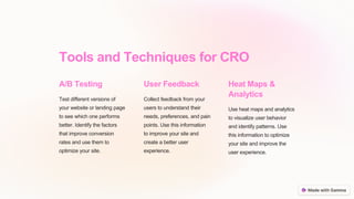 Tools and Techniques for CRO
A/B Testing
Test different versions of
your website or landing page
to see which one performs
better. Identify the factors
that improve conversion
rates and use them to
optimize your site.
User Feedback
Collect feedback from your
users to understand their
needs, preferences, and pain
points. Use this information
to improve your site and
create a better user
experience.
Heat Maps &
Analytics
Use heat maps and analytics
to visualize user behavior
and identify patterns. Use
this information to optimize
your site and improve the
user experience.
 