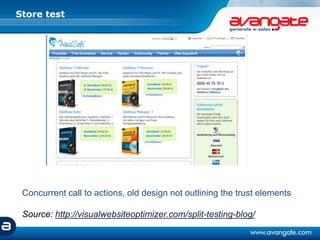 Store test
Concurrent call to actions, old design not outlining the trust elements
Source: http://visualwebsiteoptimizer.com/split-testing-blog/
 