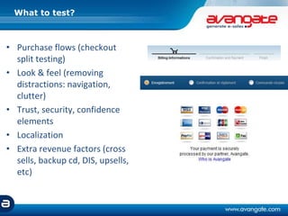 • Purchase flows (checkout
split testing)
• Look & feel (removing
distractions: navigation,
clutter)
• Trust, security, confidence
elements
• Localization
• Extra revenue factors (cross
sells, backup cd, DIS, upsells,
etc)
What to test?
 