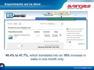 Experiments we’ve done
40.4% to 47.7%, which translated into an 18% increase in
sales in one month only.
 