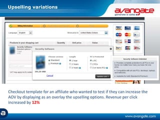 Upselling variations
Checkout template for an affiliate who wanted to test if they can increase the
AOV by displaying as an overlay the upselling options. Revenue per click
increased by 12%
 