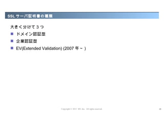 SSL サーバ証明書の種類

大きく分けて 3 つ
 ドメイン認証型
 企業認証型
 EV(Extended Validation) (2007 年～ )




                        Copyright © 2012 M3, Inc. All rights reserved.   19
 