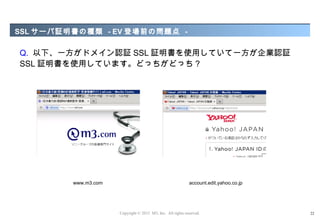 SSL サーバ証明書の種類 - EV 登場前の問題点 -

Q. 以下、一方がドメイン認証 SSL 証明書を使用していて一方が企業認証
SSL 証明書を使用しています。どっちがどっち ?




         www.m3.com                                          account.edit.yahoo.co.jp




                      Copyright © 2012 M3, Inc. All rights reserved.                    22
 
