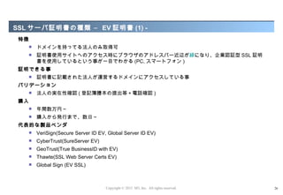 SSL サーバ証明書の種類 – EV 証明書 (1) -
 特徴
         ドメインを持ってる法人のみ取得可
         証明書使用サイトへのアクセス時にブラウザのアドレスバー近辺が緑になり、企業認証型 SSL 証明
          書を使用しているという事が一目でわかる (PC, スマートフォン )
 証明できる事
         証明書に記載された法人が運営するドメインにアクセスしている事
 バリデーション
         法人の実在性確認 ( 登記簿謄本の提出等＋電話確認 )
 購入
         年間数万円～
         購入から発行まで、数日～
 代表的な製品ベンダ
         VeriSign(Secure Server ID EV, Global Server ID EV)
         CyberTrust(SureServer EV)
         GeoTrust(True BusinessID with EV)
         Thawte(SSL Web Server Certs EV)
         Global Sign (EV SSL)



                                       Copyright © 2012 M3, Inc. All rights reserved.   26
 