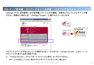 SSL サーバ証明書 ：コンバージョンへの効能 - マルウェアスキャン -
VeriSign が EV 証明書等上位の証明書にバンドルする機能。定期的にマルウェアスキャンが実
行され、問題ない場合には「 VeriSign Trusted 」と書かれたシールになる




マルウェアスキャンが有効になっていて問題があればシールの表示が「 VeriSign Secured 」になる。シール
をクリックする事でも結果の確認が可能。
※ 「 VeriSign Secured 」だからと言ってマルウェアに感染しているわけではない。
  スキャンを有効にしていない場合やそもそもバンドルされていない場合など
                      Copyright © 2012 M3, Inc. All rights reserved.   31
 