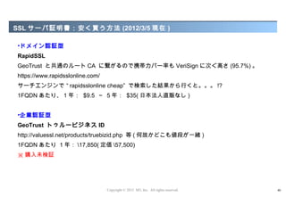 SSL サーバ証明書：安く買う方法 (2012/3/5 現在 )

•ドメイン認証型
RapidSSL
GeoTrust と共通のルート CA に繋がるので携帯カバー率も VeriSign に次ぐ高さ (95.7%) 。
https://www.rapidsslonline.com/
サーチエンジンで “ rapidsslonline cheap” で検索した結果から行くと。。。 !?
1FQDN あたり、 1 年： $9.5 ～ 5 年： $35( 日本法人直販なし )


•企業認証型
GeoTrust トゥルービジネス ID
http://valuessl.net/products/truebizid.php 等 ( 何故かどこも値段が一緒 )
1FQDN あたり 1 年： 17,850( 定価 57,500)
※ 購入未検証




                                  Copyright © 2012 M3, Inc. All rights reserved.   40
 