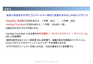 おまけ

あまりお金をかけずにコンバージョン率向上を狙えるかもしれないプラン !?

•RapidSSL 証明書 (1FQDN あたり、 1 年間： $9.5 　～　 5 年間： $35)
•VeriSign Trust Seal (1FQDN あたり、 1 年間： 39,600 + 税 )
の組み合わせがコスパが高いかも。

•VeriSign Trust Seal とは企業の実在性確認 + マルウェアスキャン + サイトシール。
SSL とは無関係
•通信の暗号化はドメイン認証型 SSL 証明書で、組織の実在性確認はベリサインに。
さらにマルウェアスキャン＋シールインサーチの恩恵に与れる
•ブラウザのグリーンバーが欲しければ、 FQDN 課金の EV 証明書でも




                         Copyright © 2012 M3, Inc. All rights reserved.   43
 