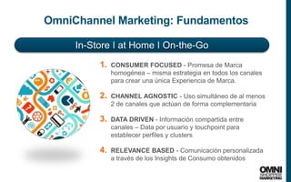 29
OmniChannel Marketing: Fundamentos
1. CONSUMER FOCUSED - Promesa de Marca
homogénea – misma estrategia en todos los canales
para crear una única Experiencia de Marca.
2. CHANNEL AGNOSTIC - Uso simultáneo de al menos
2 de canales que actúan de forma complementaria
3. DATA DRIVEN - Información compartida entre
canales – Data por usuario y touchpoint para
establecer perfiles y clusters
4. RELEVANCE BASED - Comunicación personalizada
a través de los Insights de Consumo obtenidos
In-Store I at Home I On-the-Go
 