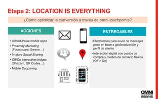 58
Etapa 2: LOCATION IS EVERYTHING
58
ACCIONES
• Added-Value mobile apps
• Proximity Marketing
(Foursquare, Swarm…)
• In-store Social Sharing
• Off/On interactive bridges
(Shazam, QR Codes…)
• Mobile Couponing
¿Cómo optimizar la conversión a través de omni-touchpoints?
ENTREGABLES
• Plataformas para envío de mensajes
push en base a geolocalización y
perfil de cliente
• Interacción digital con puntos de
compra y medios de contacto físicos
(Off > On)
 