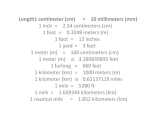 Length1 centimeter (cm)	=	10 millimeters (mm)	 1 inch	=	2.54 centimeters (cm)	 1 foot	=	0.3048 meters (m)	 1 foot	=	12 inches	 1 yard	=	3 feet	 1 meter (m)	=	100 centimeters (cm)	 1 meter (m)	≅	3.280839895 feet	 1 furlong	=	660 feet	 1 kilometer (km)	=	1000 meters (m)	 1 kilometer (km)	≅	0.62137119 miles	 1 mile	=	5280 ft	 1 mile	=	1.609344 kilometers (km)	 1 nautical mile	=	1.852 kilometers (km) 
