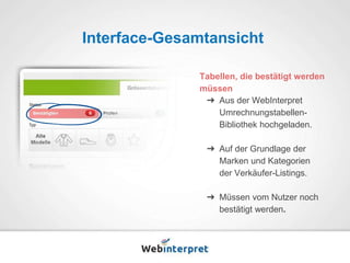 Interface-Gesamtansicht 
Tabellen, die bestätigt werden 
müssen 
➔ Aus der WebInterpret 
Umrechnungstabellen- 
Bibliothek hochgeladen. 
➔ Auf der Grundlage der 
Marken und Kategorien 
der Verkäufer-Listings. 
➔ Müssen vom Nutzer noch 
bestätigt werden. 
 