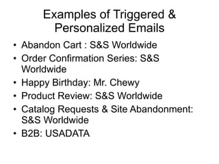 Examples of Triggered & Personalized Emails Abandon Cart : S&S Worldwide Order Confirmation Series: S&S Worldwide Happy Birthday: Mr. Chewy  Product Review: S&S Worldwide Catalog Requests & Site Abandonment: S&S Worldwide B2B: USADATA 