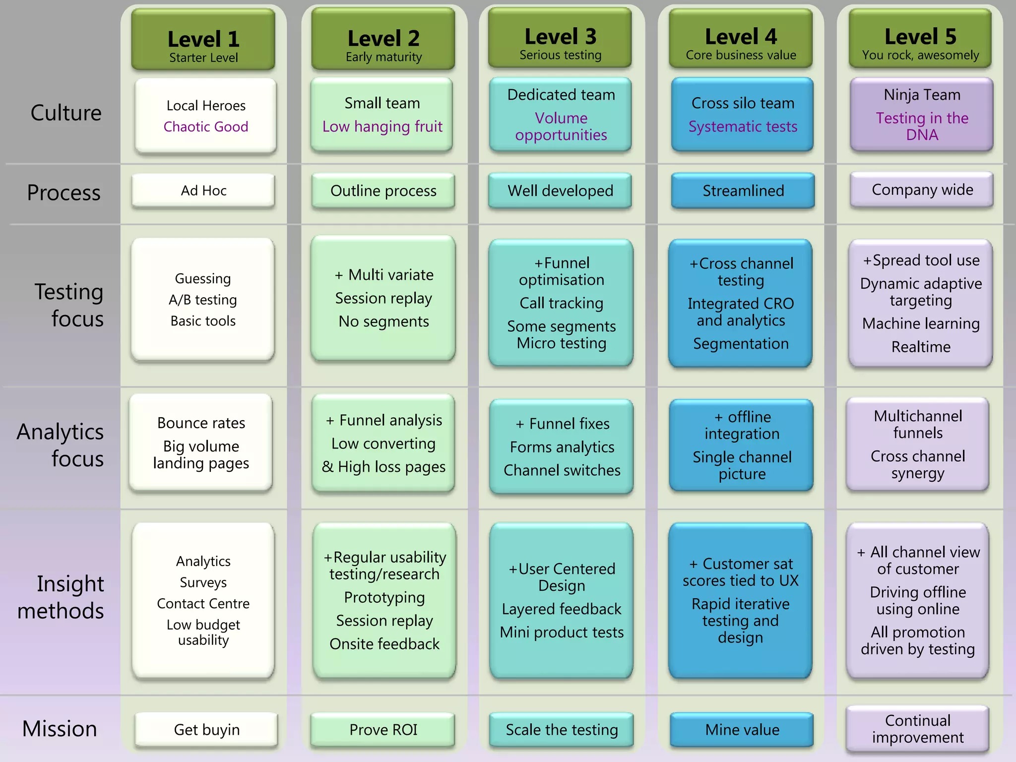Level 1            Level 2              Level 3              Level 4                Level 5
                Starter Level      Early maturity      Serious testing    Core business value   You rock, awesomely


                                                      Dedicated team                                Ninja Team
                Local Heroes       Small team                              Cross silo team
   Culture                                               Volume                                   Testing in the
               Chaotic Good     Low hanging fruit                         Systematic tests
                                                       opportunities                                  DNA
_____________________________________________________________________________________________ _
  Process         Ad Hoc         Outline process      Well developed        Streamlined           Company wide
 _______________________________________________________________________________________________
                                                         +Funnel          +Cross channel        +Spread tool use
                 Guessing        + Multi variate       optimisation           testing           Dynamic adaptive
   Testing      A/B testing      Session replay        Call tracking      Integrated CRO           targeting
     focus       Basic tools     No segments          Some segments         and analytics       Machine learning
                                                       Micro testing       Segmentation            Realtime

________________________________________________________________________________________________
               Bounce rates     + Funnel analysis      + Funnel fixes          + offline          Multichannel
 Analytics                       Low converting
                                                                             integration            funnels
                Big volume                            Forms analytics
    focus     landing pages     & High loss pages    Channel switches
                                                                           Single channel         Cross channel
                                                                               picture               synergy
________________________________________________________________________________________________

                                +Regular usability                                              + All channel view
                 Analytics                                                 + Customer sat
                                 testing/research     +User Centered                               of customer
  Insight         Surveys
                                   Prototyping
                                                         Design           scores tied to UX
                                                                                                 Driving offline
               Contact Centre                                              Rapid iterative
 methods        Low budget        Session replay
                                                     Layered feedback
                                                                            testing and
                                                                                                  using online
                  usability
                                                     Mini product tests       design             All promotion
                                 Onsite feedback                                                driven by testing

________________________________________________________________________________________________
                                                                                                    Continual
  Mission        Get buyin         Prove ROI         Scale the testing       Mine value           improvement
 