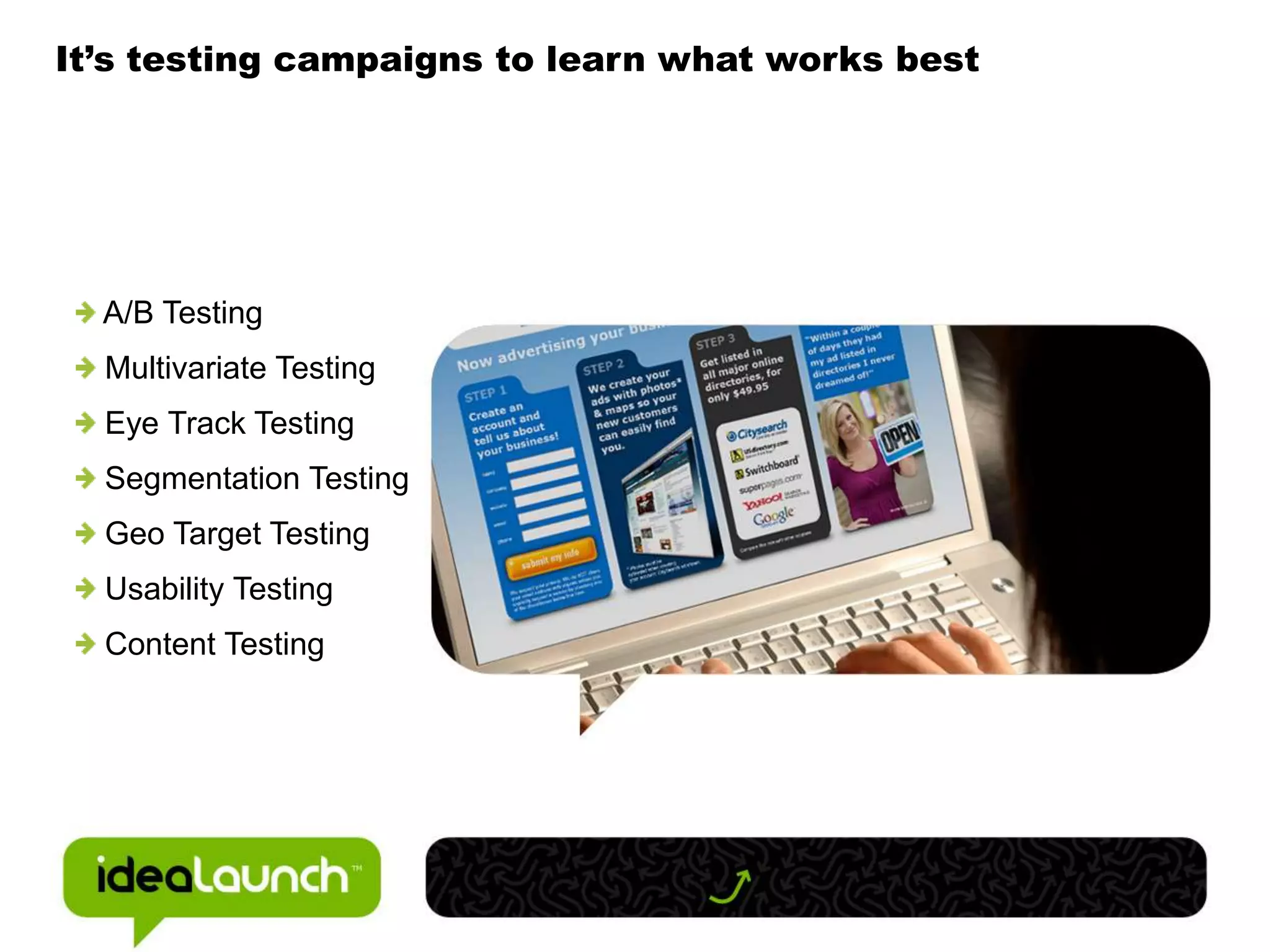 It’s testing campaigns to learn what works best A/B Testing Multivariate Testing Eye Track Testing Segmentation Testing Geo Target Testing Usability Testing Content Testing