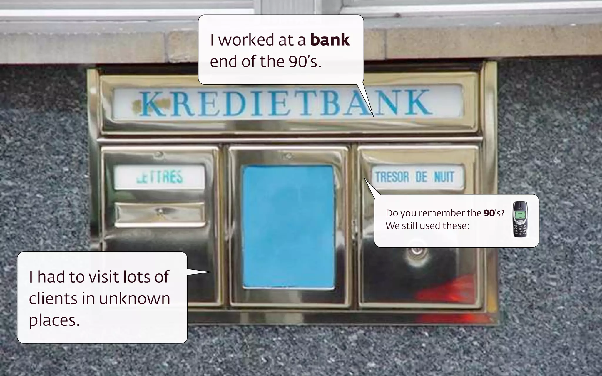 I worked at a bank
end of the 90’s.
I had to visit lots of
clients in unknown
places.
Do you remember the 90’s? 
We still used these:
 