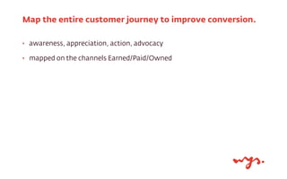 ‣ awareness, appreciation, action, advocacy
‣ mapped on the channels Earned/Paid/Owned
Map the entire customer journey to improve conversion.
 