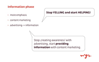 ‣ more emphasis
‣ content marketing
‣ advertising -> information
Information phase
Stop ‚creating awareness’ with
advertising, start providing
information with content marketing.
Stop YELLING and start HELPING!
 