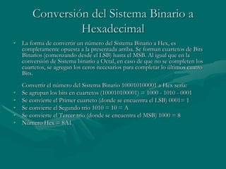 Conversión del Sistema Binario a HexadecimalLa forma de convertir un número del Sistema Binario a Hex, es completamente opuesta a la presentada arriba. Se forman cuartetos de Bits Binarios (comenzando desde el LSB) hasta el MSB. Al igual que en la conversión de Sistema binario a Octal, en caso de que no se completen los cuartetos, se agregan los ceros necesarios para completar lo últimos cuatro Bits.Convertir el número del Sistema Binario 100010100001 a Hex sería:Se agrupan los bits en cuartetos (100010100001) = 1000 - 1010 - 0001 Se convierte el Primer cuarteto (donde se encuentra el LSB) 0001= 1 Se convierte el Segundo trío 1010 = 10 = A Se convierte el Tercer trío (donde se encuentra el MSB) 1000 = 8 Número Hex = 8A1 