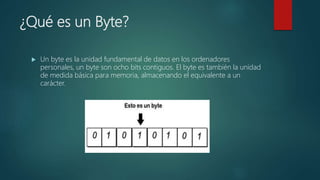 ¿Qué es un Byte?
 Un byte es la unidad fundamental de datos en los ordenadores
personales, un byte son ocho bits contiguos. El byte es también la unidad
de medida básica para memoria, almacenando el equivalente a un
carácter.
 