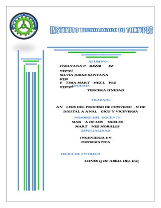 UNIDAD:
TERCERA UNIDAD
FECHA DE ENTREGA
LUNES 15 DE ABRIL DEL 2013
ALUMNO:
ITZAYANA PÉREZIBÁÑEZ
11350512
SILVIA JORGE SANTANA
11350
FÁTIMA MARTÍNEZ LÓPEZ
11350516
TRABAJO:
ANÁLISIS DEL PROCESO DE CONVERSIÓN DE
DIGITAL A ANALÓGICO Y VICEVERSA
NOMBRE DEL DOCENTE
MARÍA DE LOS ÁNGELES
MARTÍNEZ MORALES
ESPECIALIDAD
INGENIERIA EN
INFORMATICA
 