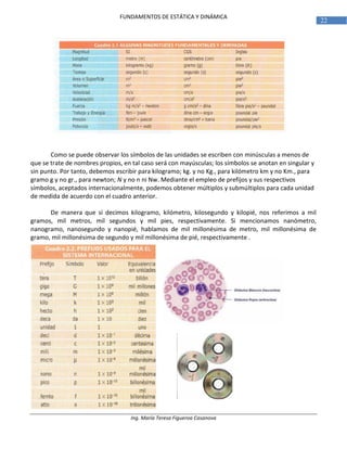 Ing. María Teresa Figueroa Casanova
22
FUNDAMENTOS DE ESTÁTICA Y DINÁMICA
Como se puede observar los símbolos de las unidades se escriben con minúsculas a menos de
que se trate de nombres propios, en tal caso será con mayúsculas; los símbolos se anotan en singular y
sin punto. Por tanto, debemos escribir para kilogramo; kg. y no Kg., para kilómetro km y no Km., para
gramo g y no gr., para newton; N y no n ni Nw. Mediante el empleo de prefijos y sus respectivos
símbolos, aceptados internacionalmente, podemos obtener múltiplos y submúltiplos para cada unidad
de medida de acuerdo con el cuadro anterior.
De manera que si decimos kilogramo, kilómetro, kilosegundo y kilopié, nos referimos a mil
gramos, mil metros, mil segundos y mil pies, respectivamente. Si mencionamos nanómetro,
nanogramo, nanosegundo y nanopié, hablamos de mil millonésima de metro, mil millonésima de
gramo, mil millonésima de segundo y mil millonésima de pié, respectivamente .
 