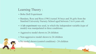 Learning Theory :
 Bobo Doll Experiment
 Bandura, Ross and Ross (1961) tested 36 boys and 36 girls from the
Stanford University Nursery School aged between 3 to 6 years old.
 A lab experiment was used, in which the independent variable (type of
model) was manipulated in three conditions:
 Aggressive model shown to 24 children
 Non-aggressive model shown to 24 children
 No model shown (control condition) - 24 children
 