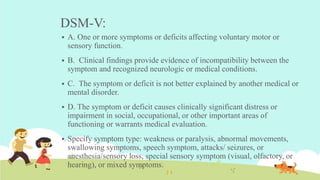 DSM-V:
 A. One or more symptoms or deficits affecting voluntary motor or
sensory function.
 B. Clinical findings provide evidence of incompatibility between the
symptom and recognized neurologic or medical conditions.
 C. The symptom or deficit is not better explained by another medical or
mental disorder.
 D. The symptom or deficit causes clinically significant distress or
impairment in social, occupational, or other important areas of
functioning or warrants medical evaluation.
 Specify symptom type: weakness or paralysis, abnormal movements,
swallowing symptoms, speech symptom, attacks/ seizures, or
anesthesia/sensory loss, special sensory symptom (visual, olfactory, or
hearing), or mixed symptoms.
 