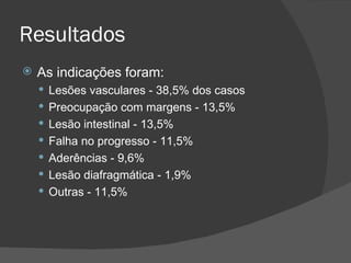 Resultados As indicações foram:  Lesões vasculares - 38,5% dos casos  Preocupação com margens - 13,5%  Lesão intestinal - 13,5% Falha no progresso - 11,5% Aderências - 9,6%  Lesão diafragmática - 1,9% Outras - 11,5% 