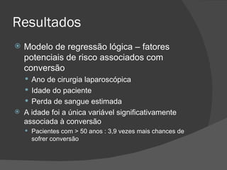 Resultados Modelo de regressão lógica – fatores potenciais de risco associados com conversão Ano de cirurgia laparoscópica Idade do paciente Perda de sangue estimada A idade foi a única variável significativamente associada à conversão Pacientes com > 50 anos : 3,9 vezes mais chances de sofrer conversão 