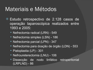 Materiais e Métodos Estudo retrospectivo de 2.128 casos de operação laparoscópica realizados entre 1993 e 2005: Nefrectomia radical (LRN) - 549 Nefrectomia simples (LSN) - 186 Nefrectomia parcial (LPN) - 347 Nefrectomia para doação de órgão (LDN) - 553 Pieloplastia (LP) - 301 Nefroureterectomia (LNU)  - 106 Dissecção de nodo linfático retroperitonial ( LRPLND)  - 86 