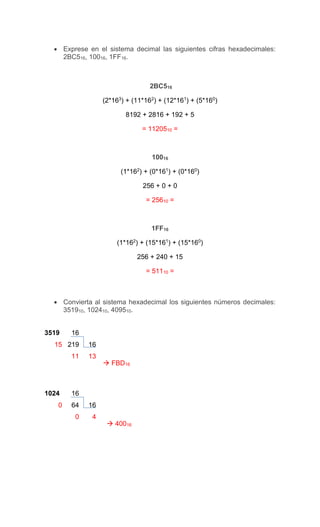  Exprese en el sistema decimal las siguientes cifras hexadecimales:
2BC516, 10016, 1FF16.
2BC516
(2*163
) + (11*162
) + (12*161
) + (5*160
)
8192 + 2816 + 192 + 5
= 1120510 =
10016
(1*162
) + (0*161
) + (0*160
)
256 + 0 + 0
= 25610 =
1FF16
(1*162
) + (15*161
) + (15*160
)
256 + 240 + 15
= 51110 =
 Convierta al sistema hexadecimal los siguientes números decimales:
351910, 102410, 409510.
 FBD16
 40016
3519 16
15 219 16
11 13
1024 16
0 64 16
0 4
 