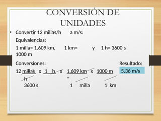 CONVERSIÓN DE
UNIDADES
• Convertir 12 millas/h a m/s:
Equivalencias:
1 milla= 1.609 km, 1 km=
1000 m
y 1 h= 3600 s
Conversiones: Resultado:
1.609 km x 1000 m
=
1 milla 1 km
12 millas x 1 h x
h
3600 s
5.36 m/s
 