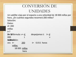 CONVERSIÓN DE
UNIDADES
Un satélite viaja por el espacio a una velocidad de 18 000 millas por
hora. ¿En cuántos segundos recorrerá 200 millas?
Solución:
Datos:
d= 200
millas
t=?
v= 18
000
millas/h
ora
despejamos t: t= d
v
De la fórmula: v= d
t
Sustitución:
t= 200
millas
18 000 millas
hora
t= 0.011 horas
 