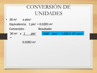 CONVERSIÓN DE
UNIDADES
• 30 m3 a pies3
Equivalencia: 1 pie3 = 0.0283 m3
Conversión: Resultado:
30 m3 x 1 pie3
=
0.0283 m3
1060 pies3 = 1.060 X 103 pies3
 