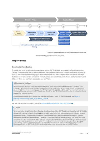SAP S/4HANA System Conversion: Sequence
Prepare Phase
Simplification Item Catalog
To enable you to do an optimal planning of your path to SAP S/4HANA, we provide the Simplification Item
Catalog. This tool allows you to search or browse the complete collection of simplification items grouped by
product version and presented by application or functional area. Each simplification item details the steps
that need to be taken for the conversion from a business and a technical point of view, both preparatory and
follow-on steps and each item is available as a SAP Note.
 Recommendation
We recommend that you consume the simplification items also via the SAP Readiness Check for SAP
S/4HANA. Based on an analyis of the configuration, data, and usage of your productive SAP Enterprise
Resource Planning system, the SAP Readiness Check for SAP S/4HANA identifies the simplification items
relevant for your conversion.
For more information about how to use the SAP Readiness Check for SAP S/4HANA, see https:/
/
help.sap.com/viewer/p/SAP_READINESS_CHECK.
You find the Simplification Item Catalog at https:/
/launchpad.support.sap.com/#/sic/ .
 Note
When using the Simplification Item Catalog directly instead of the SAP Readiness Check for SAP S/4HANA,
please note that the catalog contains all the simplification items, not only those that are relevant for your
conversion project. This means you need to identify those which are actually relevant for your system
conversion (which the SAP Readiness Check for SAP S/4HANA does automatically). And when you have
done this, you also need to look at the relevant simplification SAP Notes themselves to get all the available
information. The SAP Notes contain all the required information for each simplification item. The SAP
Readiness Check for SAP S/4HANA links directly to the most recent version of the SAP Notes.
Conversion Guide for SAP S/4HANA 2022
Getting Started PUBLIC 11
 
