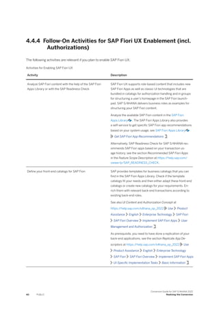 4.4.4 Follow-On Activities for SAP Fiori UX Enablement (incl.
Authorizations)
The following activities are relevant if you plan to enable SAP Fiori UX:
Activities for Enabling SAP Fiori UX
Activity Description
Analyze SAP Fiori content with the help of the SAP Fiori
Apps Library or with the SAP Readiness Check
SAP Fiori UX supports role-based content that includes new
SAP Fiori Apps as well as classic UI technologies that are
bundled in catalogs for authorization handling and in groups
for structuring a user’s homepage in the SAP Fiori launch-
pad. SAP S/4HANA delivers business roles as examples for
structuring your SAP Fiori content.
Analyze the available SAP Fiori content in the SAP Fiori
Apps Library . The SAP Fiori Apps Library also provides
a self-service to get specific SAP Fiori app recommendations
based on your system usage, see SAP Fiori Apps Library
Get SAP Fiori App Recommendations .
Alternatively, SAP Readiness Check for SAP S/4HANA rec-
ommends SAP Fiori apps based on your transaction us-
age history, see the section Recommended SAP Fiori Apps
in the Feature Scope Description at https:/
/help.sap.com/
viewer/p/SAP_READINESS_CHECK.
Define your front-end catalogs for SAP Fiori SAP provides templates for business catalogs that you can
find in the SAP Fiori Apps Library. Check if the template
catalogs fit your needs and then either adapt these front-end
catalogs or create new catalogs for your requirements. En-
rich them with relevant back-end transactions according to
existing back-end roles.
See also UI Content and Authorization Concept at
https:/
/help.sap.com/s4hana_op_2022 Use Product
Assistance English Enterprise Technology SAP Fiori
SAP Fiori Overview Implement SAP Fiori Apps User
Management and Authorization .
As prerequisite, you need to have done a replication of your
back-end applications, see the section Replicate App De-
scriptors at https:/
/help.sap.com/s4hana_op_2022 Use
Product Assistance English Enterprise Technology
SAP Fiori SAP Fiori Overview Implement SAP Fiori Apps
UI-Specific Implementation Tasks Basic Information .
40 PUBLIC
Conversion Guide for SAP S/4HANA 2022
Realizing the Conversion
 