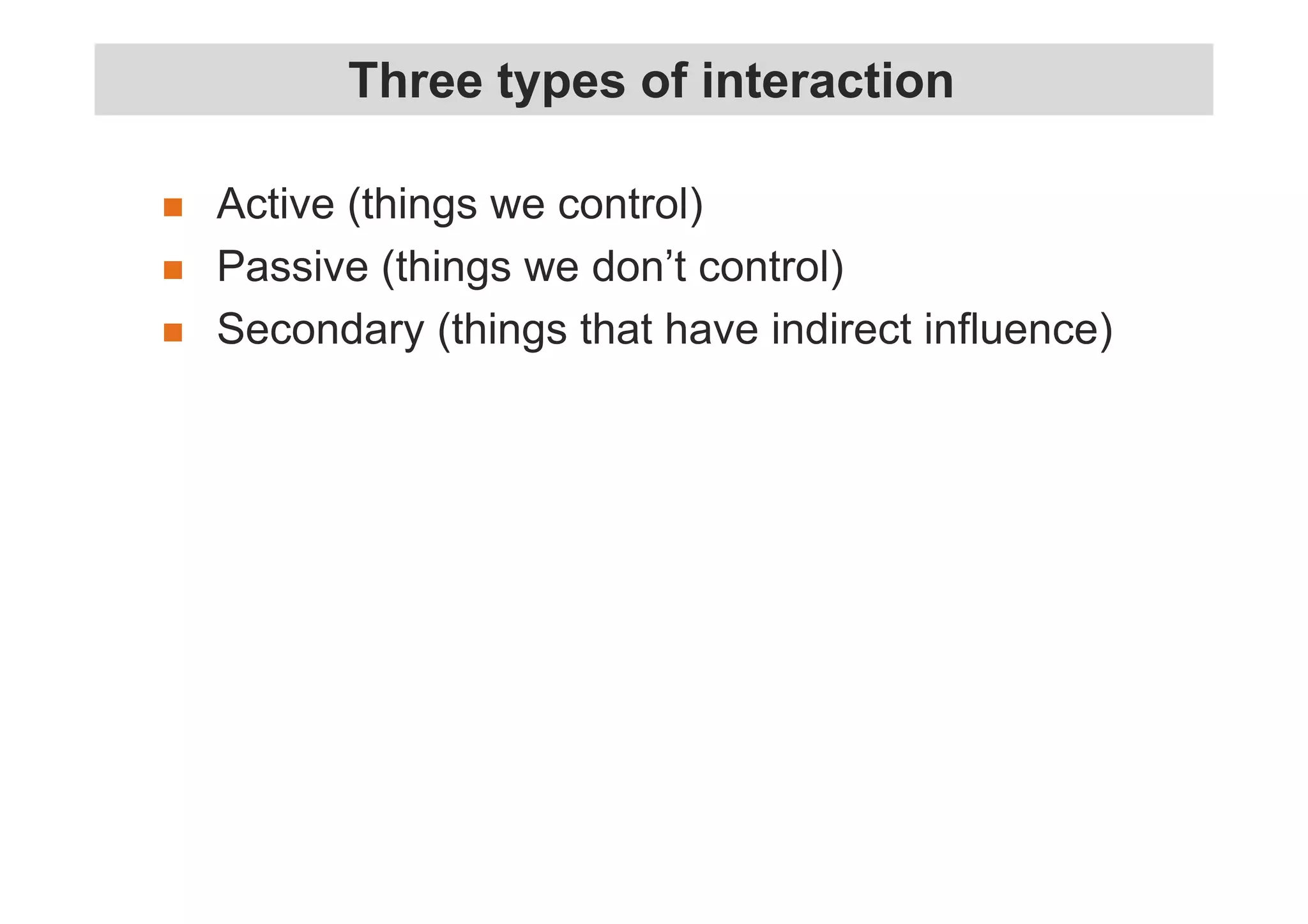 Three types of interaction 
 Active (things we control) 
 Passive (things we don’t control) 
 Secondary (things that have indirect influence) 
 