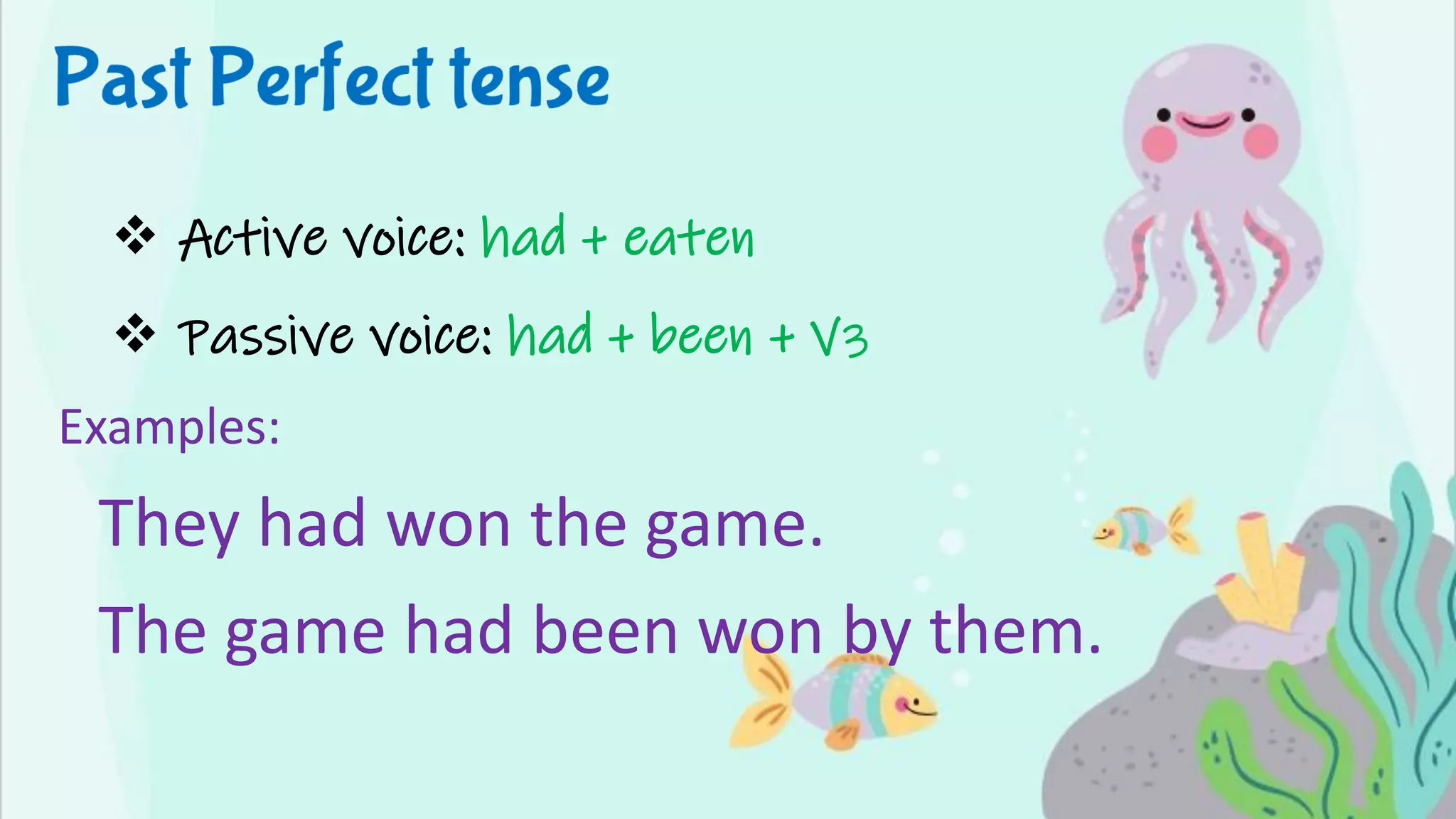 ❖ Active voice: had + eaten
❖ Passive voice: had + been + V3
Examples:
They had won the game.
The game had been won by them.
 