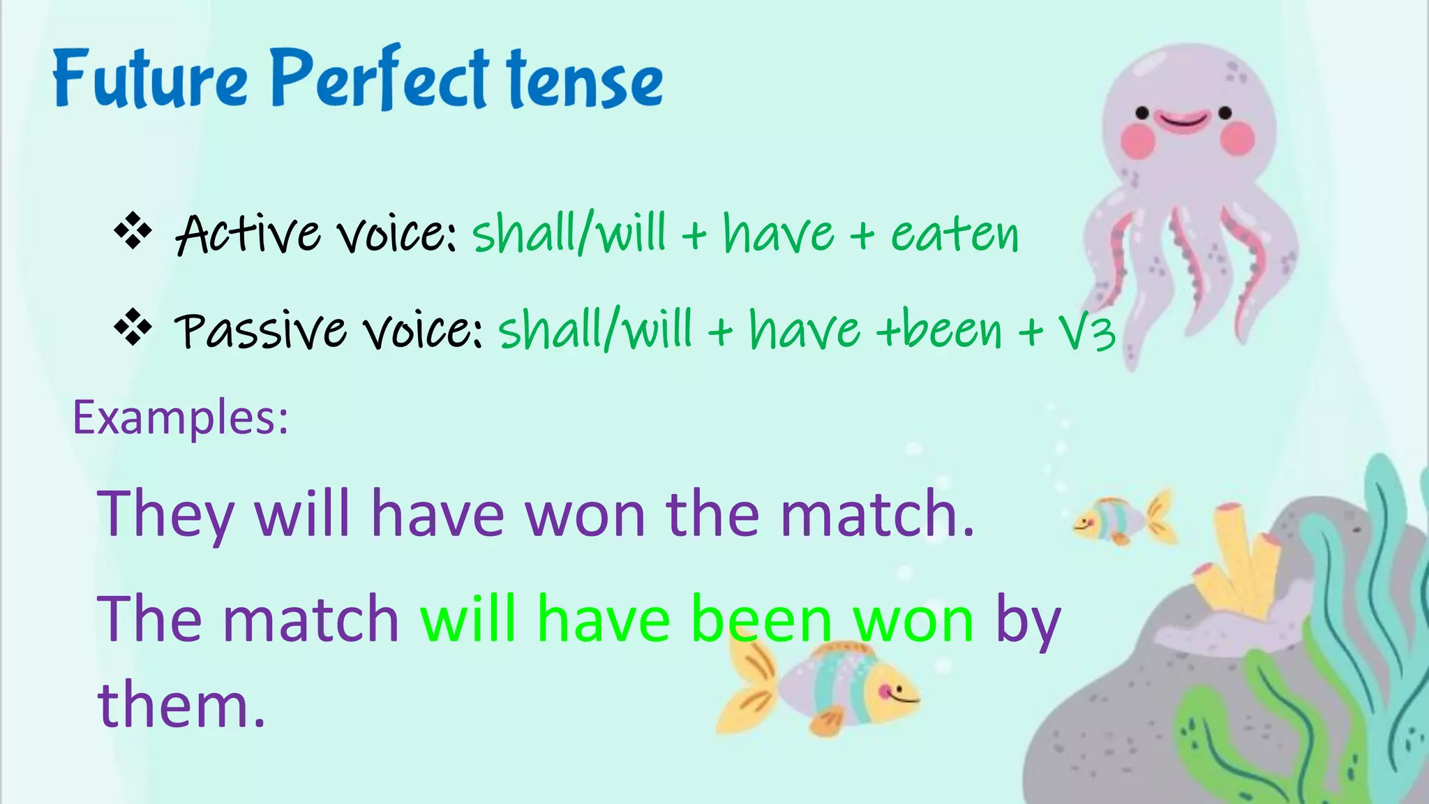 ❖ Active voice: shall/will + have + eaten
❖ Passive voice: shall/will + have +been + V3
Examples:
They will have won the match.
The match will have been won by
them.
 