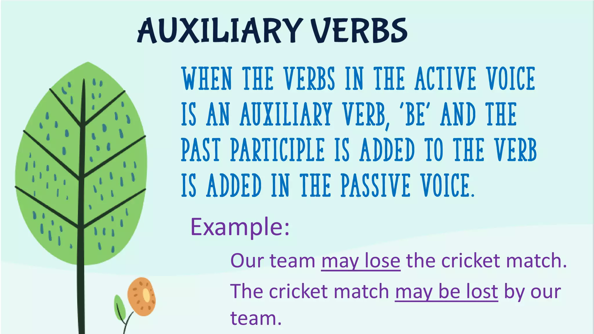 When the verbs in the Active voice
is an Auxiliary Verb, 'be' and the
past participle is added to the verb
is added in the Passive Voice.
Example:
Our team may lose the cricket match.
The cricket match may be lost by our
team.
 