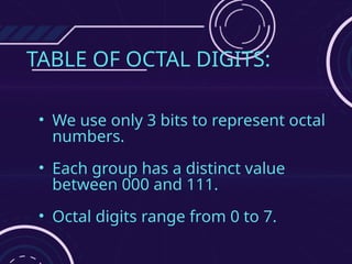 TABLE OF OCTAL DIGITS:
• We use only 3 bits to represent octal
numbers.
• Each group has a distinct value
between 000 and 111.
• Octal digits range from 0 to 7.
 