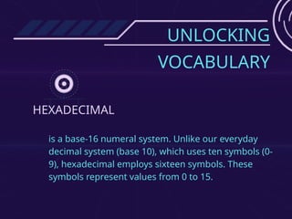 UNLOCKING
VOCABULARY
HEXADECIMAL
is a base-16 numeral system. Unlike our everyday
decimal system (base 10), which uses ten symbols (0-
9), hexadecimal employs sixteen symbols. These
symbols represent values from 0 to 15.
 
