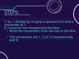 STEPS:
7. So, 1 divided by 16 gives a quotient of 0 and a
remainder of 1.
8. Construct the Hexadecimal Number:
• Write the remainders from the last to the first.
• The remainders are 1, 12 (C in hexadecimal),
and 8.
 