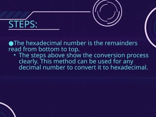 STEPS:
●The hexadecimal number is the remainders
read from bottom to top.
• The steps above show the conversion process
clearly. This method can be used for any
decimal number to convert it to hexadecimal.
 