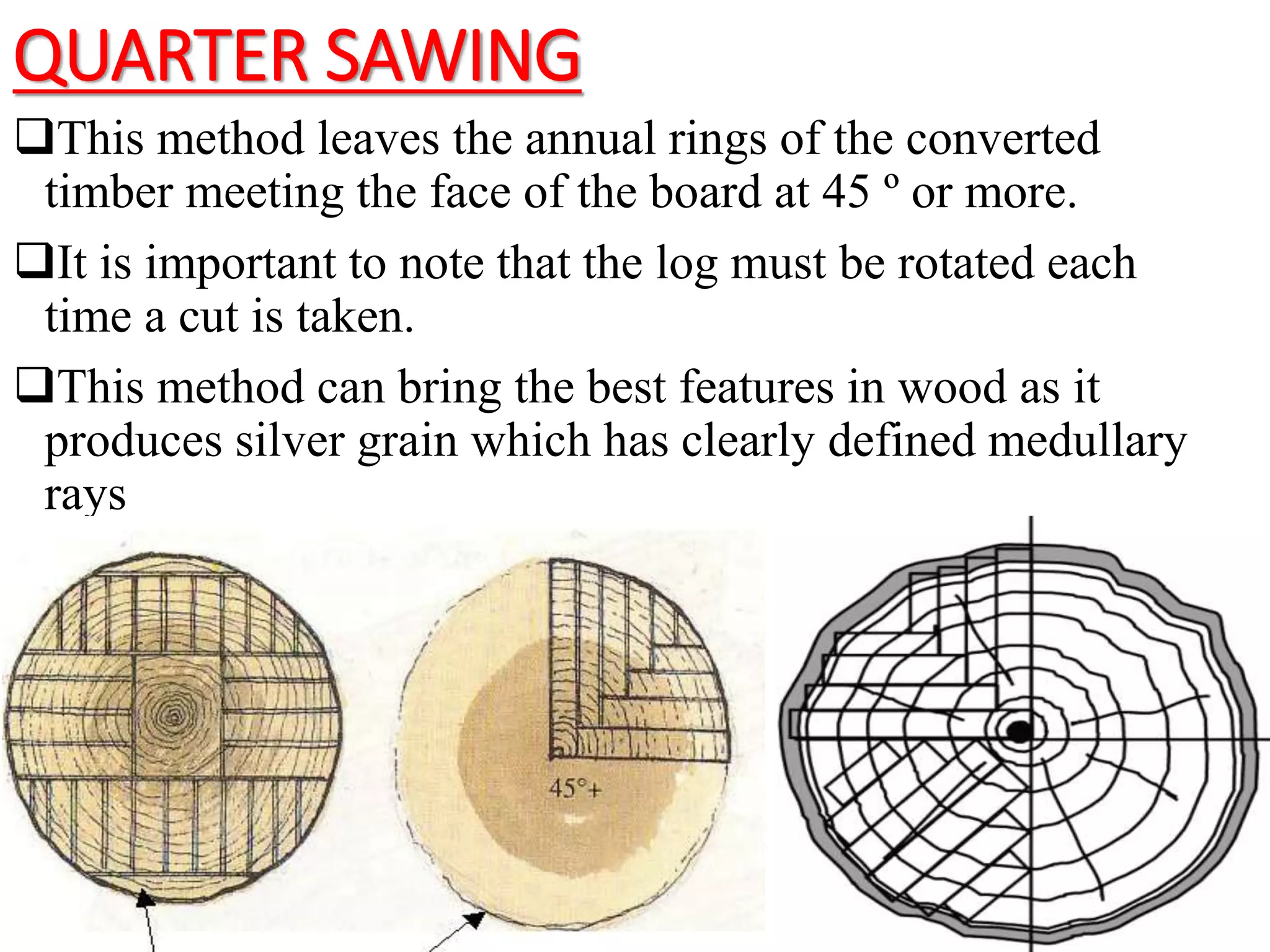 QUARTER SAWING
This method leaves the annual rings of the converted
timber meeting the face of the board at 45 º or more.
It is important to note that the log must be rotated each
time a cut is taken.
This method can bring the best features in wood as it
produces silver grain which has clearly defined medullary
rays
 