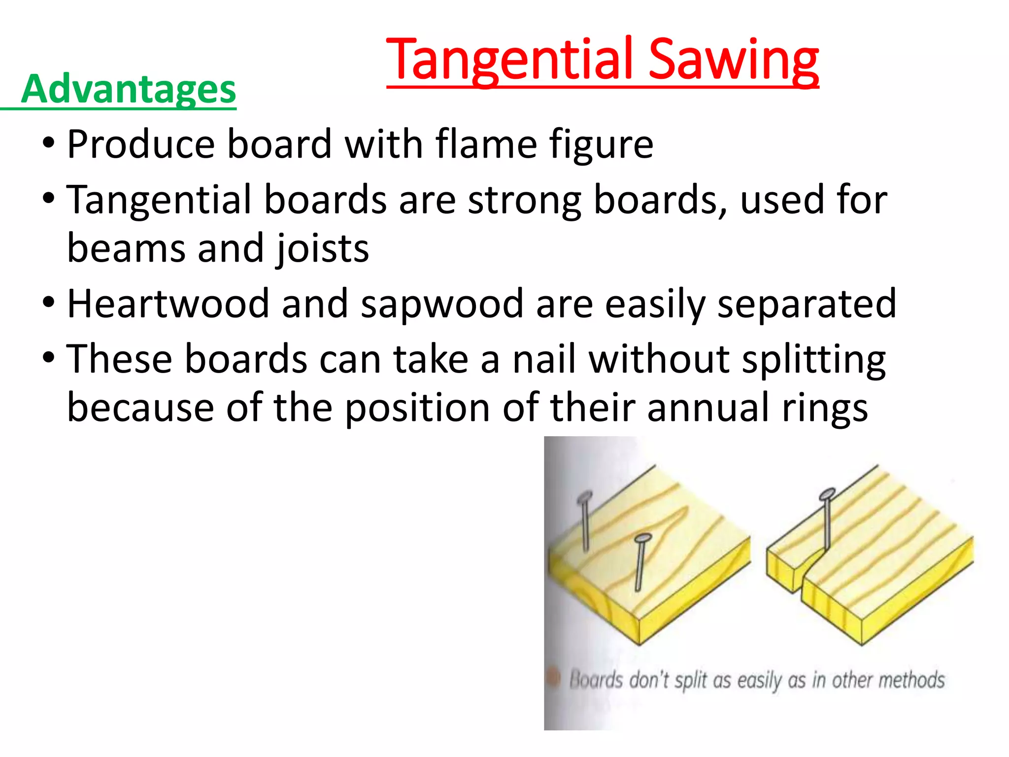 Tangential Sawing
Advantages
• Produce board with flame figure
• Tangential boards are strong boards, used for
beams and joists
• Heartwood and sapwood are easily separated
• These boards can take a nail without splitting
because of the position of their annual rings
 