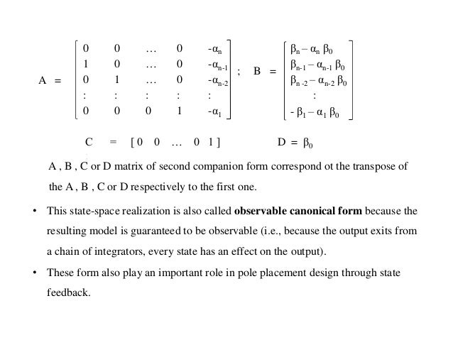 conversion of transfer function to canonical state variable models canonical form matrix