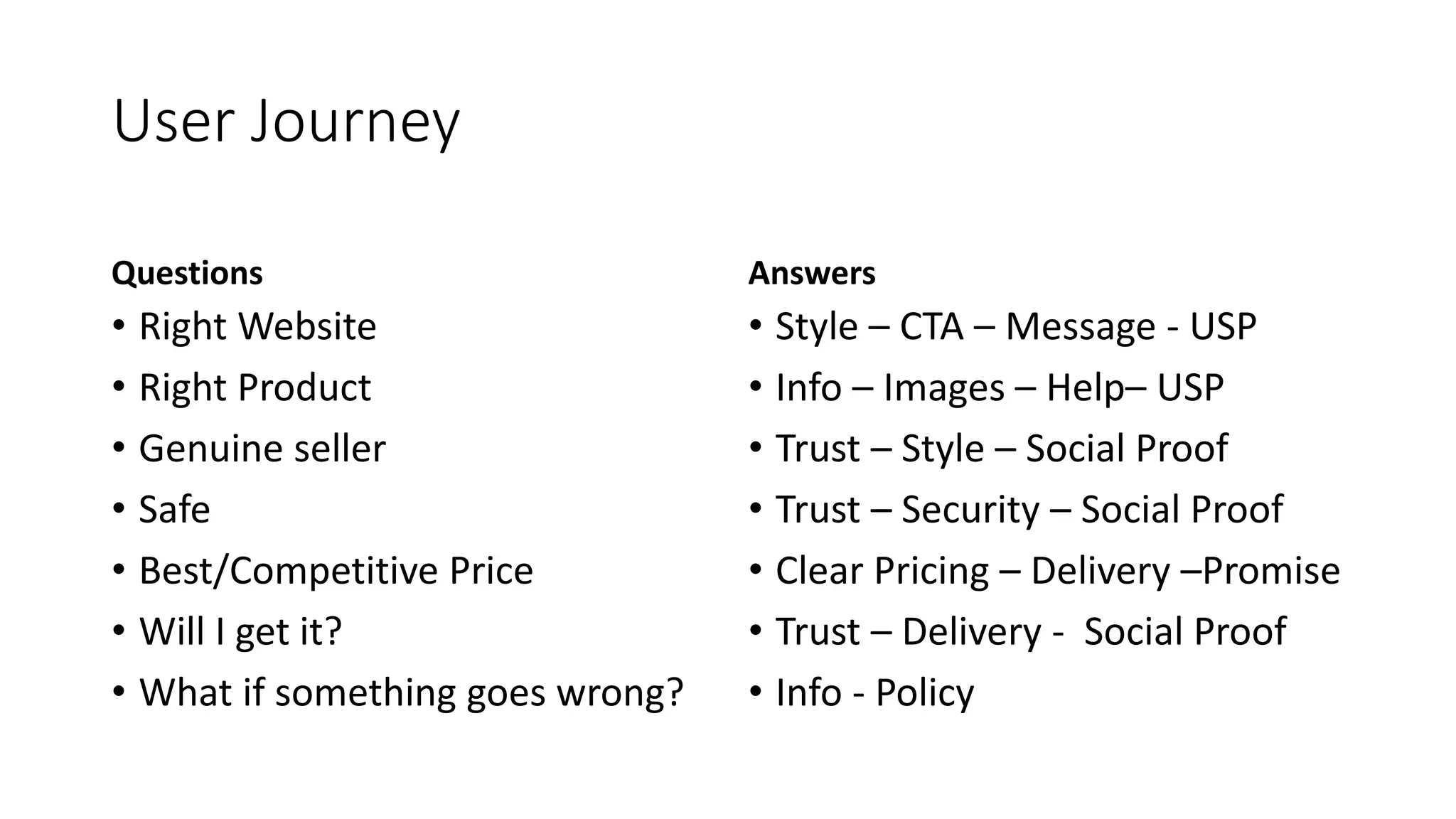 User Journey 
Questions 
• Right Website 
• Right Product 
• Genuine seller 
• Safe 
• Best/Competitive Price 
• Will I get it? 
• What if something goes wrong? 
Answers 
• Style – CTA – Message - USP 
• Info – Images – Help– USP 
• Trust – Style – Social Proof 
• Trust – Security – Social Proof 
• Clear Pricing – Delivery –Promise 
• Trust – Delivery - Social Proof 
• Info - Policy 
 